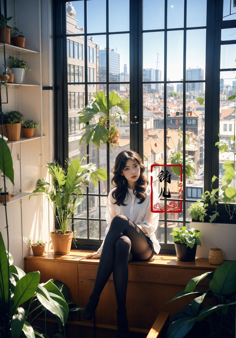 606247209521969364-59515283-1girl,  Milky skin, (shiny skin_1.4)，sit，Crossed legs, Black transparent pantyhose，window，plant，sunlight，__lora_绪儿-阳光少女 window_0.jpg